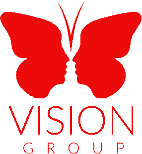 VISION GROUP LOGO RED BUTTERFLY FORMED AS TWO FACES LOOKING AT EACHOTHER